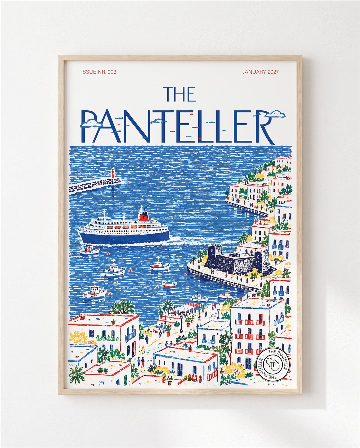 Copertina The Panteller incorniciata con il porto, case affacciate sul mare e un traghetto.